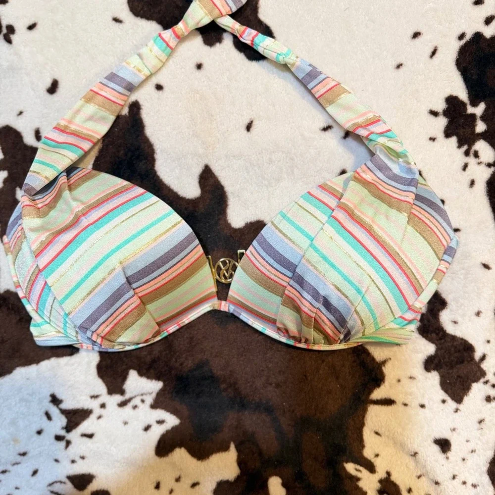 Victoria's Secret Bikini Top Womens 34DD Multi Striped Gold Metallic Beachy Boho